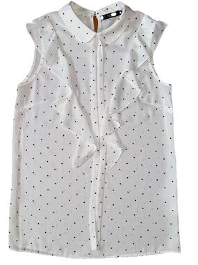 Women Sz US XS EU 40 White Black Polka Dot Blouse With Tie Neck Sleeveless
